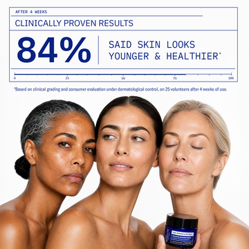 Three women pose together; on-screen text states 84% saw younger, healthier skin after 4 weeks using Odacité Cellular Infusion Cream.