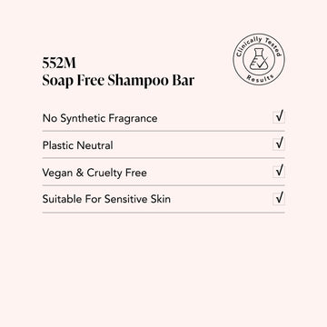 Odacite 552M Argan + Coconut Soap Free Shampoo Bar in solid form, labeled vegan, cruelty-free, plastic neutral, and fragrance-free.