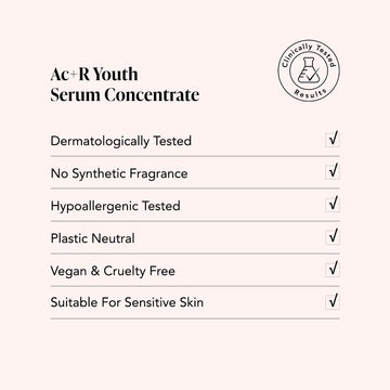 Odacite Youth Acai + Rose Ac+R Serum Concentrate benefits: vegan, hypoallergenic, dermatologist-tested, and more.