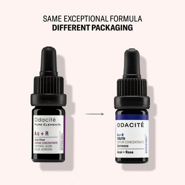 Odacite Youth Acai + Rose Ac+R Serum bottles shown side by side in new and old packaging; formula remains unchanged.