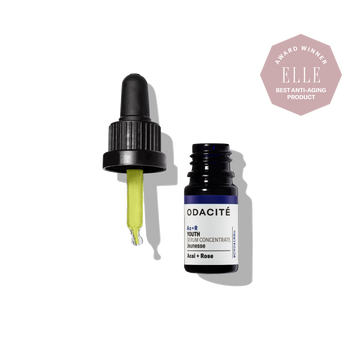 Odacite Ac+R Serum Concentrate with dropper and an ELLE Best Anti-Aging Product award badge at the top right.