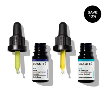 Odacite Ageless Skin + Eye Contour Duo with green and yellow bottles, Save 10% label in the corner.
