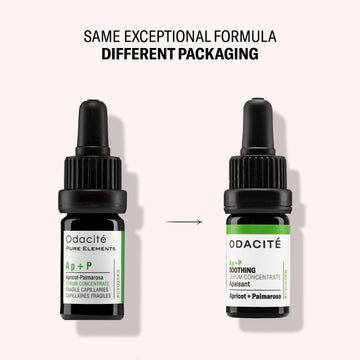 Odacite Soothing Apricot + Palmarosa Ap+P Serum Concentrate: new packaging on right, old packaging on left, for sensitive skin.