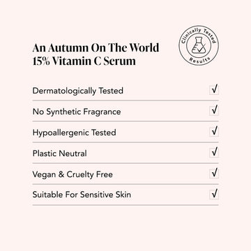 Checklist for An Autumn On The World by Odacite: 15% Vitamin C, dermatologist tested, hypoallergenic, vegan, plastic neutral, no synthetic fragrance.