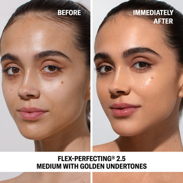 model demonstrating before and after of shade 2.5 spf