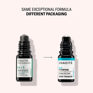 Odacite Ba+S Eye Contour Serum with rollerball in new packaging, labeled for dark circles and puffiness.