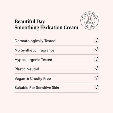 Odacite Beautiful Day Smoothing Hydration Cream chart: MSM+DMAE, aloe vera, antioxidants, vegan, dermatologically tested.