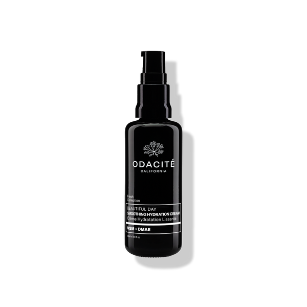 Odacité Beautiful Day Smoothing Hydration Cream MSM+DMAE in a black pump bottle with Organic Tea Extracts.