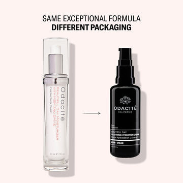 Two black bottles of Odacité Beautiful Day Cream with Aloe Vera and MSM+DMAE formula.