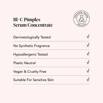 Table shows Odacite Bl+C Pimples Serum benefits: black cumin, cajeput, for pimple-prone skin, vegan, dermatologically tested.