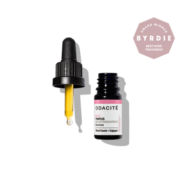 Odacite Bl+C Pimples Serum Concentrate with dropper and “BYRDIE Best Acne Treatment” badge beside the bottle.