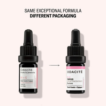 Two Odacite Bl+C Serum bottles with updated packaging shown side by side; text says 