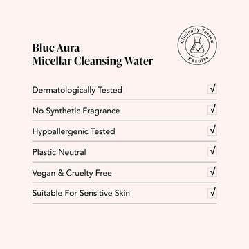 Odacité Blue Aura Turmeric + Holy Basil Micellar Cleansing Water in a clear plastic bottle labeled vegan and hypoallergenic.