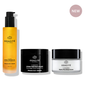 Odacité Hydra-Firm Full Body Routine set with oil, polish, and cream; packaging displays “NEW” label.