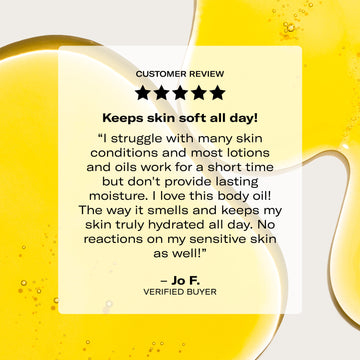 Odacité Luxe Experience bottle on a yellow oil-textured background; customer review text overlay.