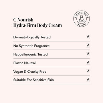 Odacité C-Nourish Hydra-Firm Body Cream with Vitamin C, E & Kakadu Plum in a white tube labeled vegan and hypoallergenic.