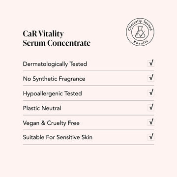 Odacite Vitality • Wild Carrot • CaR Serum Concentrate bottle, labeled vegan, dermatologically tested, for sensitive skin.