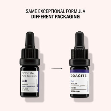 Two bottles of Odacite Vitality • Wild Carrot • CaR Serum Concentrate showing old and new packaging side by side.