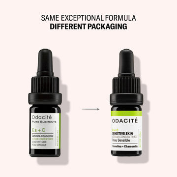 Odacite Ca+C Sensitive Skin Serum Concentrate in new packaging with Camelina + Chamomile for redness relief.