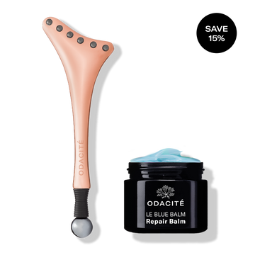 Odacité CALM & COOL CRYOTHERAPY DUO with face tool and blue balm; “Save 15%” text bubble shown.