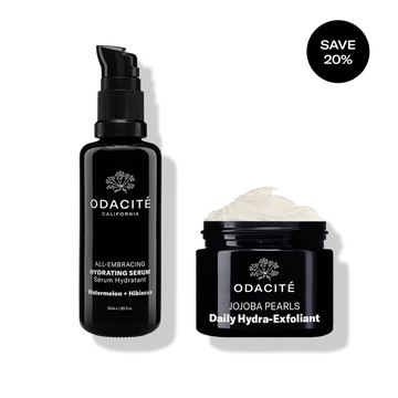 Odacité Hydra-Foliate • Cashmere Skin Duo with black bottles and black circle, text reads 'glowing skin, save 20%'.