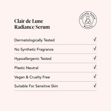 Odacite Clair de Lune Radiance Serum bottle with label; vegan, cruelty-free, contains vitamins A, C, and E.