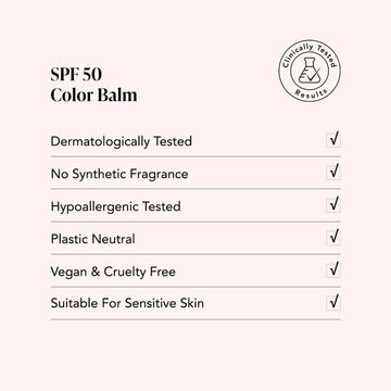 Odacité SPF 50 Color Balm shown in stick packaging, labeled as mineral, dermatologist-tested, hypoallergenic, and vegan.