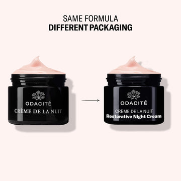 Two jars of Odacité Crème de la Nuit Night Cream in updated packaging, both with white lids and muted purple labels.