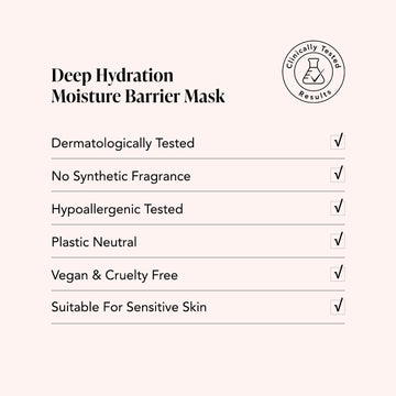 Odacite Deep Hydration • Masque info card listing key features with checkmarks on a light background.