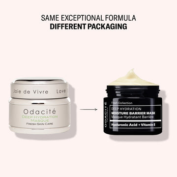 Two jars of Odacité Deep Hydration • Masque displayed side by side with updated packaging and identical product inside.