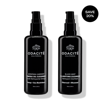Odacité Double Cleansing Set with Omega Oil Cleanser and Clarifying Cleanser shown in bottles, 20% off text displayed.