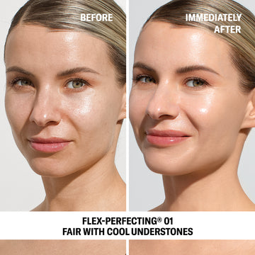 Woman’s face shown before and after Odacité Sun Damage Defense Duo; after, her skin appears smoother and more radiant.