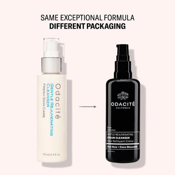 Odacite Gentle Rejuvenating Cream Cleanser (Aloe Vera + Coco Glucoside) in white and black tubes.