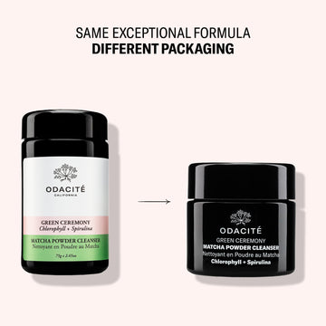Odacite Green Ceremony Cleanser in new packaging, labeled with key ingredients chlorophyll, spirulina, and matcha.