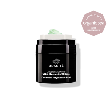 Black jar labeled Odacité Green Smoothie Cucumber + Hyaluronic Acid Ultra-Quenching Crème, a lightweight face moisturizer.