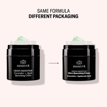 Two black jars of Odacité Green Smoothie® Cucumber + Hyaluronic Acid Crème with visibly different packaging designs.