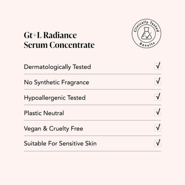 Odacite Radiance Green Tea + Lemongrass Gt+L Serum in a clear bottle; labeled vegan, cruelty-free, hypoallergenic.
