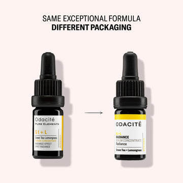 Two Odacite Radiance Green Tea + Lemongrass Gt+L Serum bottles shown side by side in different packaging designs.