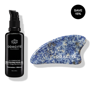 Odacité Gua Sha Facial Massage Set with black facial oil bottle and blue marbled gua sha tool, SAVE 15% in black circle.