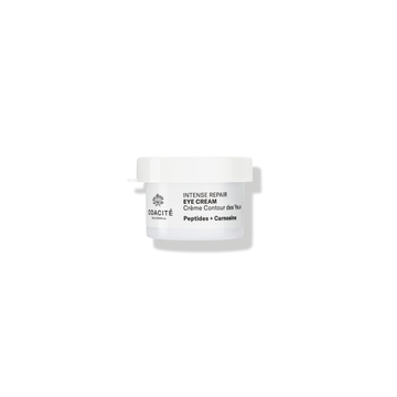 White jar of Odacité Intense Repair Eye Cream Refill with Edelweiss Extrême, Peptides, and Carnosine on a plain background.
