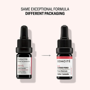 Two Odacite Jo+L Clogged Pores Jojoba + Lavender Serum bottles with updated packaging side by side.