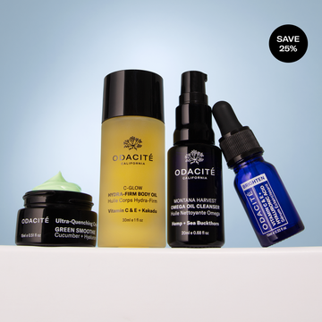 Odacité Travel Fundamentals set with a bottle of hydrating body oil and a blue-tinted Vitamin C serum, 25% off.