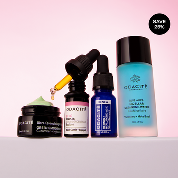 Four Odacité Blemish Control System products on a pink background, with text reading 