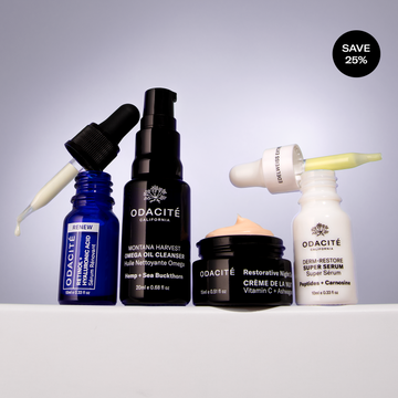 Odacité Age-Defying Fundamentals set, four serums and creams on a white background with a visible 25% off label.