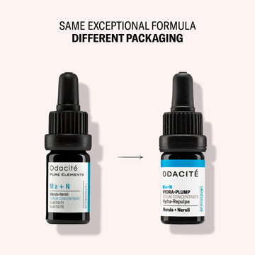 Two Odacité Hydra-Plump • Marula + Neroli Serums side by side, displaying their updated packaging.