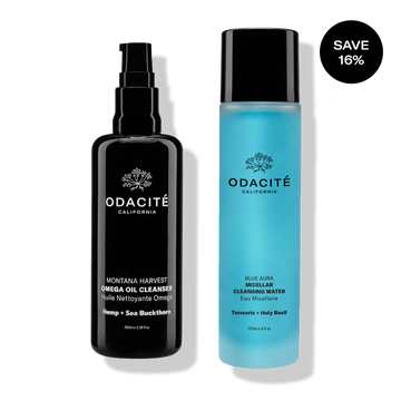 Odacité Mature Skin Double Cleansing Set: Omega Oil Cleanser in black bottle and Cleansing Water in blue bottle. Save 16%.