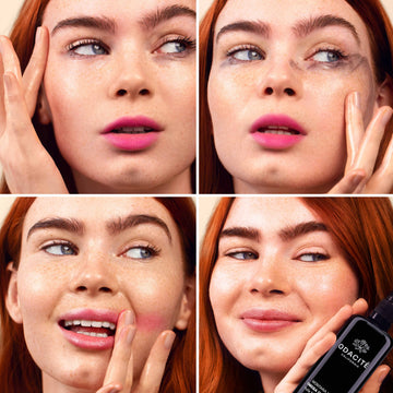 Woman demonstrates four steps using Odacite Montana Harvest Hemp + Sea Buckthorn Omega Oil Cleanser; bottle at bottom right.