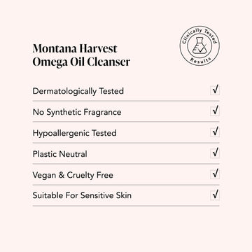Table listing features of Odacite Montana Harvest • Hemp + Sea Buckthorn Omega Oil Cleanser, Clinically Tested Results badge shown.