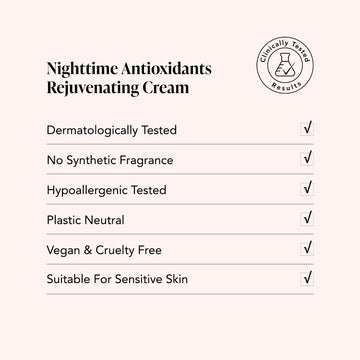 Odacite Night Time Antioxidants Cream chart showing anti-aging, vegan, hypoallergenic, fragrance-free, for sensitive skin.