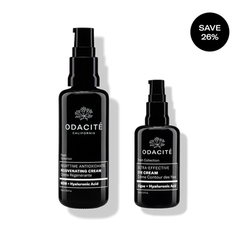 Two black Odacité Overnight Renewal Set bottles on a white background with a black circle stating 